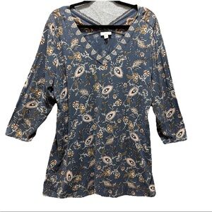 J. Jill Womens Blue Floral Double V-Neck Blouse 3/4 Sleeves Large